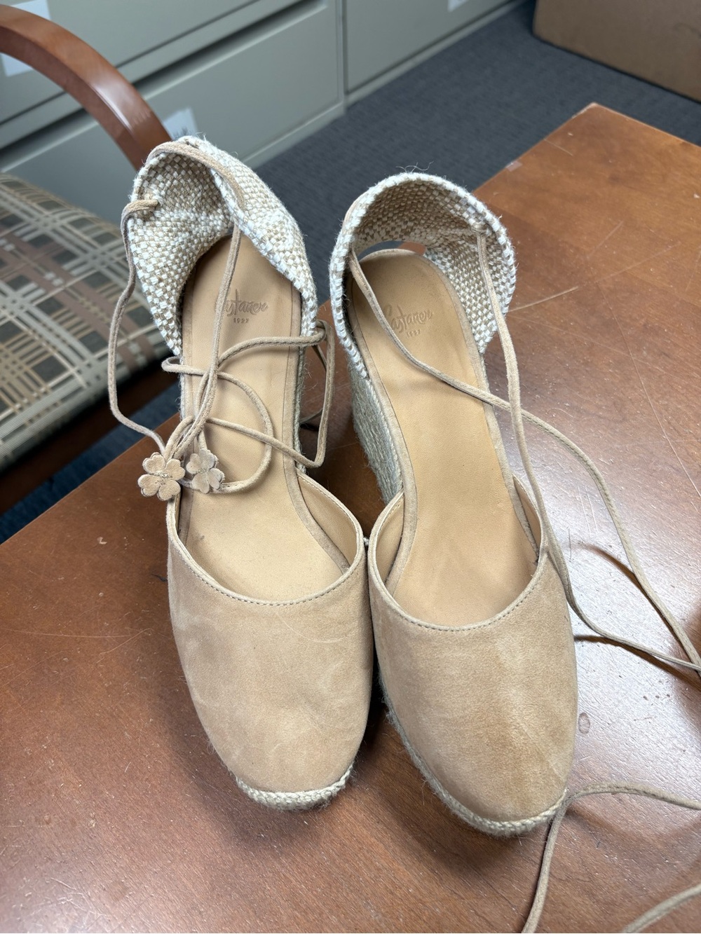 Castaner Beige Suede Lace-Up Espadrille Wedges with Floral Ties